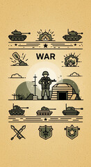 Fototapeta premium Stylized illustration of war elements, including tanks, a soldier, explosions, and military symbols, representing conflict and combat