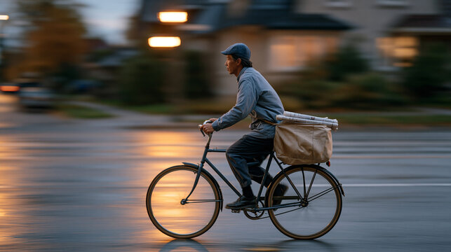 Newspaper delivery cyclist in an urban residential street at predawn, slinging rolled papers from a canvas bag saddled across the handlebars, motion blur of passing amber
