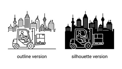 Fototapeta premium Forklift Truck in Cityscape: A forklift truck, presented in both outline and silhouette versions, operates within a bustling cityscape backdrop. This visual represents logistics, industry.
