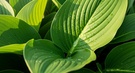 Obraz premium Close-up of vibrant green leaves with dew drops, showcasing nature's fresh, organic beauty and a sense of calm revitalization