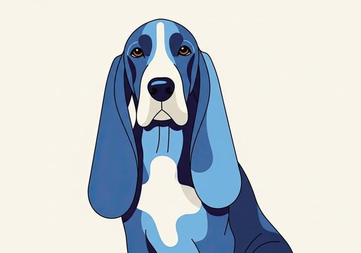 Stylized illustration of a blue and white basset hound dog with long droopy ears and melancholic eyes, isolated