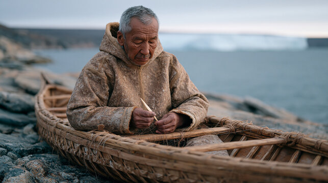 Inuit elder in traditional waterproof gear mends a kayak frame on a rocky Arctic shoreline at low tide, sinew thread and bone needle in hand, grey overcast sky pressing low,