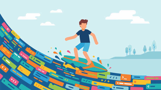 Young male developer surfing giant wave made of colorful cascading code blocks brackets and symbols under blue sky with clouds in creative programming adventure vector illustration