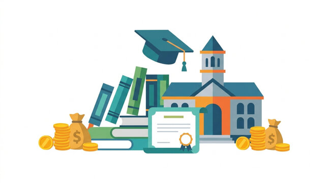 Flat illustration of a university building with books, graduation cap, diploma, and money bags, representing education and financial investment in studies