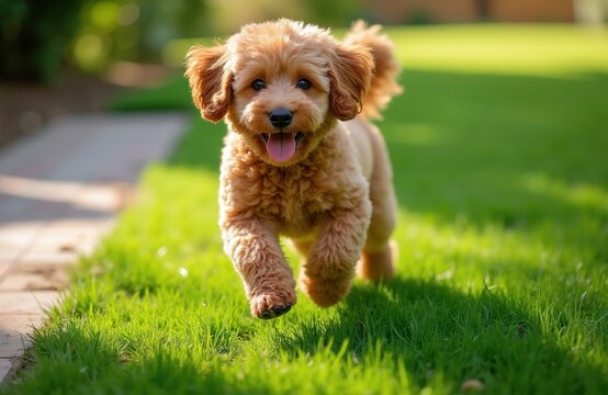 Small brown poodle dog runs happily on green grass lawn. Its tongue is out, ears flopped. Cute puppy enjoys outdoor play on sunny day. Animal portrait has soft fur.