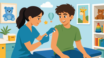 Fototapeta premium Cheerful female nurse administering vaccination to happy teenage boy in colorful pediatric clinic, professional healthcare worker wearing blue scrubs and gloves, child-friendly medical environment