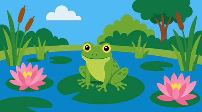 Adorable green frog resting on lily pad in bright summer pond surrounded by pink water lotus flowers, cattails, and lush riverside vegetation under cheerful blue sky with fluffy white clouds.