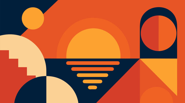 Vivid vector illustration of bold geometric abstract composition featuring overlapping circles arcs triangles and stripes in warm sunset orange navy beige palette with dynamic retro modern style