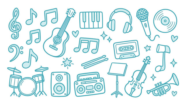 A collection of hand-drawn musical instruments and symbols in a doodle art style, perfect for creative projects.