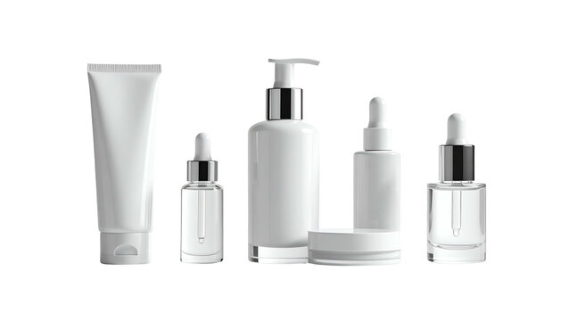 White skincare set tube, pump bottle, eye dropper bottles, jar, white back