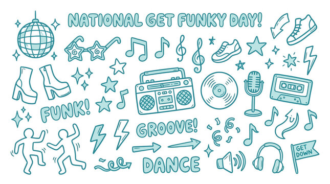 National Get Funky Day Celebration with Disco Ball, Music Notes, and Dancing Silhouettes.