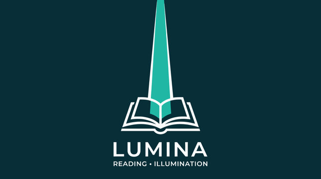 Lumina reading illumination logo with book and lighthouse tower.