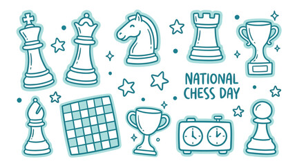 National Chess Day celebration with iconic chess pieces, trophies, and a chessboard. © Meila