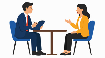 Obraz premium Flat Vector Illustration of Professional Business Job Interview Scene with Manager Holding Clipboard Asking Questions to Female Candidate Speaking at Office Table, Corporate Hiring Recruitment Concept