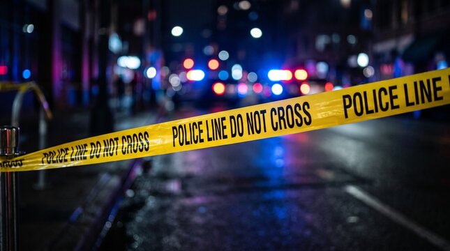 Police Line Do Not Cross Tape with Emergency Lights at Night