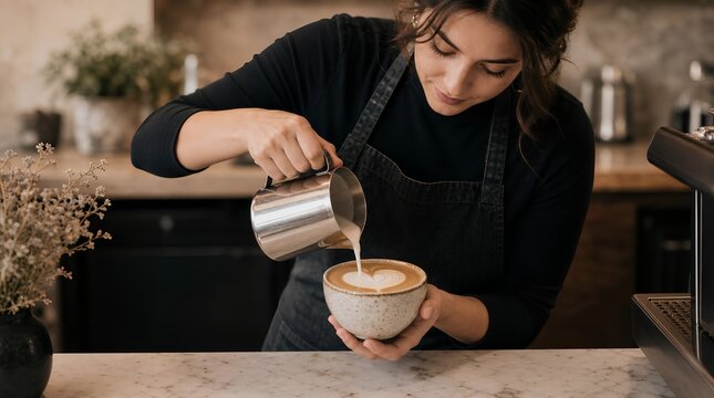 A focused barista pours steamed milk into a ceramic cup to create latte art at a marble cafe counter, ideal for coffee shop branding or hospitality marketing.