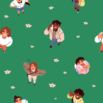 People looking up, seamless pattern. Happy male and female characters watching with faces and heads raised upward, endless background design. Repeating print. Printable flat vector illustration