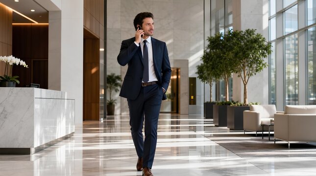 A well dressed businessman walks through a polished corporate lobby while talking on a smartphone, suited for finance, leadership, or executive communication.