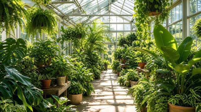 Sunlit glass greenhouse filled with lush tropical potted plants and hanging ferns creates a serene indoor garden setting for wellness, decor, or sustainable living promotions.