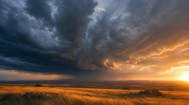 Dramatic storm clouds roll over a golden grassland at sunset, offering a powerful landscape backdrop for weather, climate, travel, or nature campaigns.