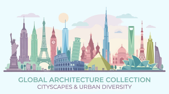 Global City Skyline Illustration Featuring Famous World Landmarks, Flat Vector Design with Pastel Color Palette, Iconic Architecture Collection of International Travel Destinations and Urban Tourism