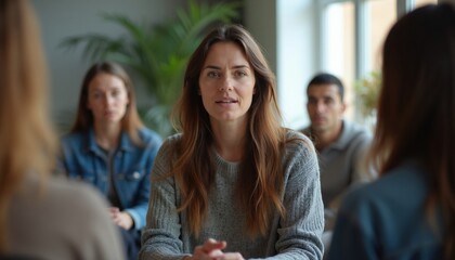 Fototapeta premium Young woman talks openly to small diverse group sitting in office circle. Female speaker shares personal story with team members at meeting. People listen with empathy, attention during group therapy