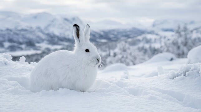 A white hare sits camouflaged in deep snow against blurred winter mountains, suited for wildlife conservation, seasonal travel, or nature campaign designs.