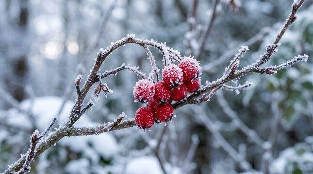 Red berries clustered on a frost coated branch stand out against a snowy blurred woodland background, useful for winter nature, holiday, or seasonal design themes.