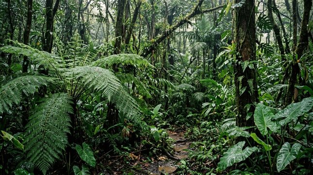 Dense tropical rainforest with fern fronds, vines, wet foliage, and a narrow muddy trail, ideal for ecotourism, conservation, or nature travel campaigns.