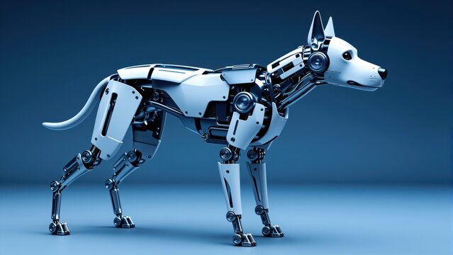 Robotic Canine Companion: A meticulously crafted robotic dog, showcasing intricate mechanical details and a sleek, futuristic design, stands poised against a cool blue gradient background.