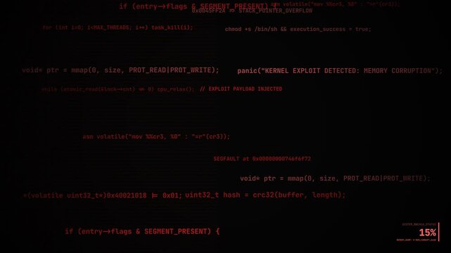 Hacking terminal code with red digital jitter and loading percentage counter for cybersecurity concept.