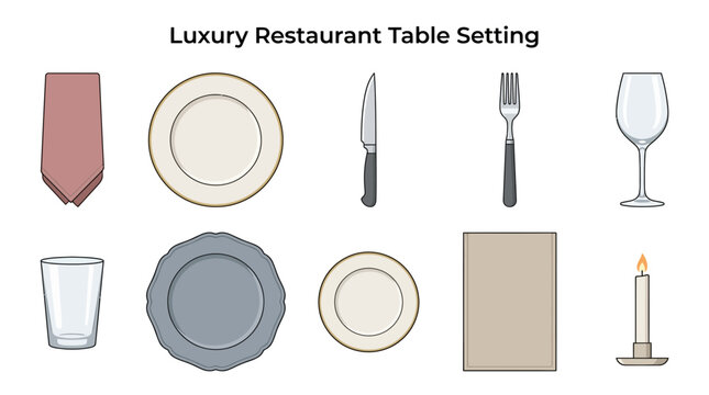 Minimalist arrangement of luxury plates, cutlery, wine glass, and a lit candle. Ideal for restaurant branding and dining etiquette guides.