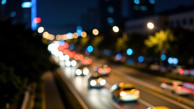 Cityscape Blur: A blurred view of a busy highway at night, with streaks of car headlights and taillights creating a vibrant, abstract pattern of light and motion in the urban environment.
