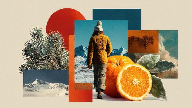 Woman walking through winter collage