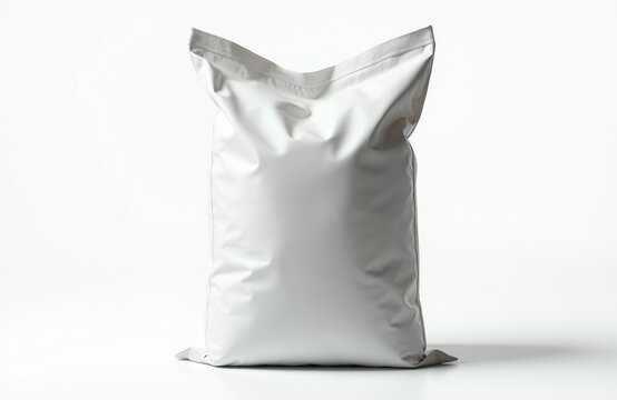Large white sack stands tall with smooth texture. Empty industrial bulk container provides clean minimalist design element for commercial shipping needs. Plain fabric cargo package shows neutral