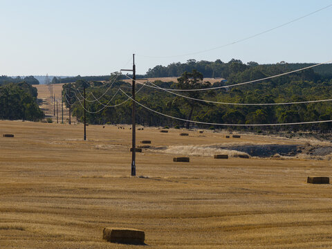 Power lines stretching across harvested paddock with hay bales