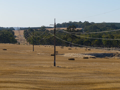 Rural energy and harvested paddock with hay bales