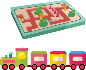 Colorful kids toy collection showing cartoon game maze puzzle tablet model locomotive train engine vintage educational nursery play equipment isolated. © Design6300