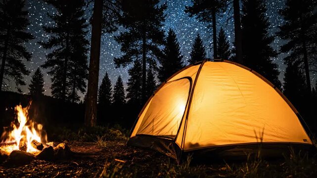 A glowing orange shelter stands beside a flickering campfire under a vast night canopy filled with brilliant stars and tall conifer trees in the deep wilderness during an adventurous summer trip