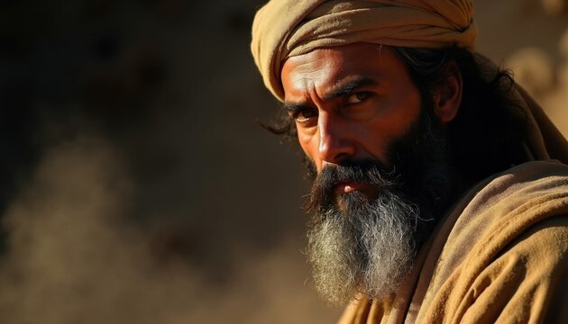 Middle eastern man with beard wears traditional robe, turban. Serious male character looks into distance in desert environment. Historical portrait of ancient prophet warrior figure. Authentic style