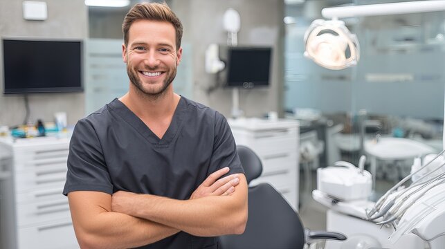 Smiling male dentist in scrubs poses confidently in a modern dental clinic, showcasing professionalism and patient care