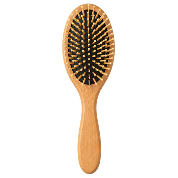 Wooden hairbrush oval shape natural bristle smooth handle isolated on transparency background grooming tool simple design clean healthy hair
