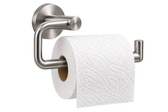 Stainless steel toilet paper holder with modern design, wall mounted, holding white toilet paper roll, clean and minimal style