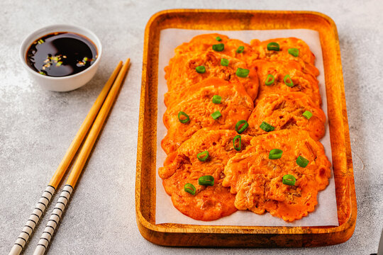 Freshly cooked savory korean pancakes kimchi jeon.