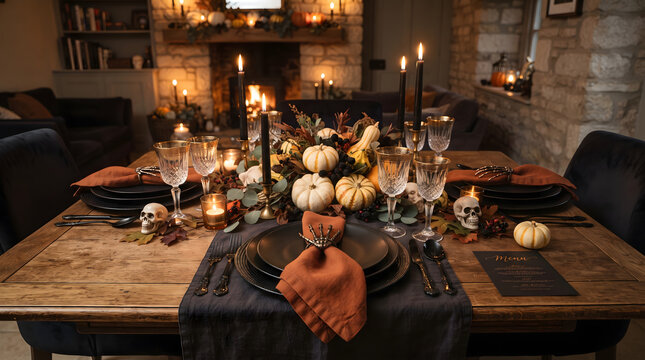 A beautifully eerie halloween dinner table setting with pumpkins candles and transparent skull accents.