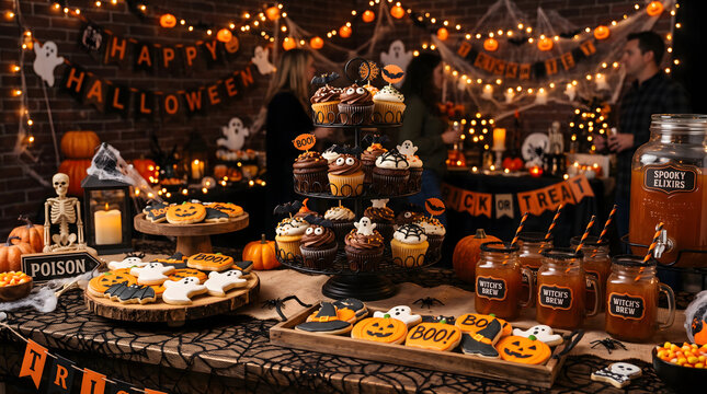 An inviting halloween party spread with cupcakes cookies and drinks glowing under transparent string lights.