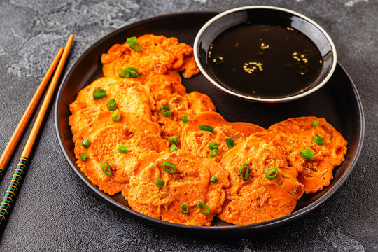 Freshly cooked savory korean pancakes kimchi jeon.