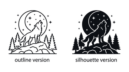 Lone Wolf's Nocturne: A striking illustration depicts a wolf howling at a starry crescent moon, silhouetted against a backdrop of pine trees and rugged terrain, embodying the spirit of the wild. © Jawwad