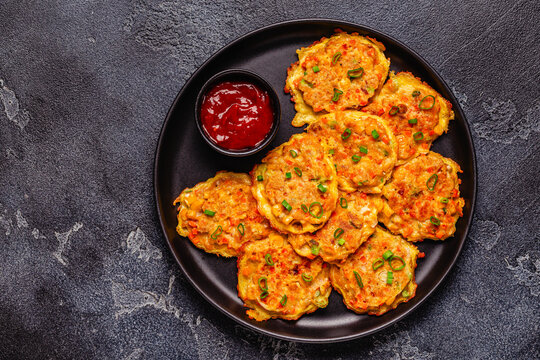 Fried Korean pancakes (jeon) with tuna and vegetables