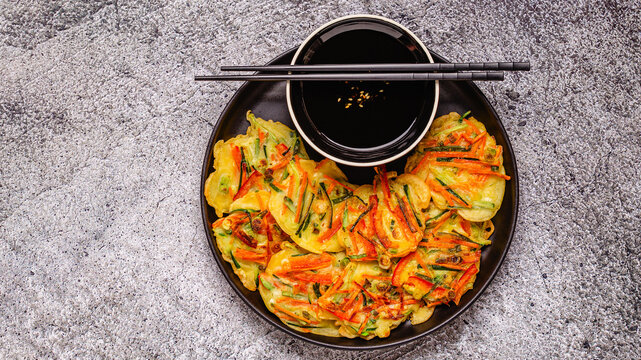 Fried Korean pancakes (jeon) with various vegetables